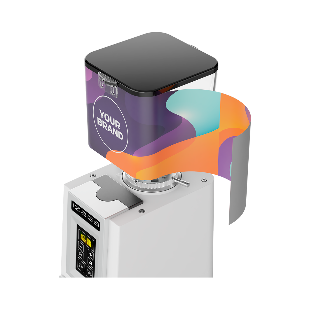Markibar Izaga espresso grinder with a branded hopper wrap that reads “Your Brand” in colorful packaging.