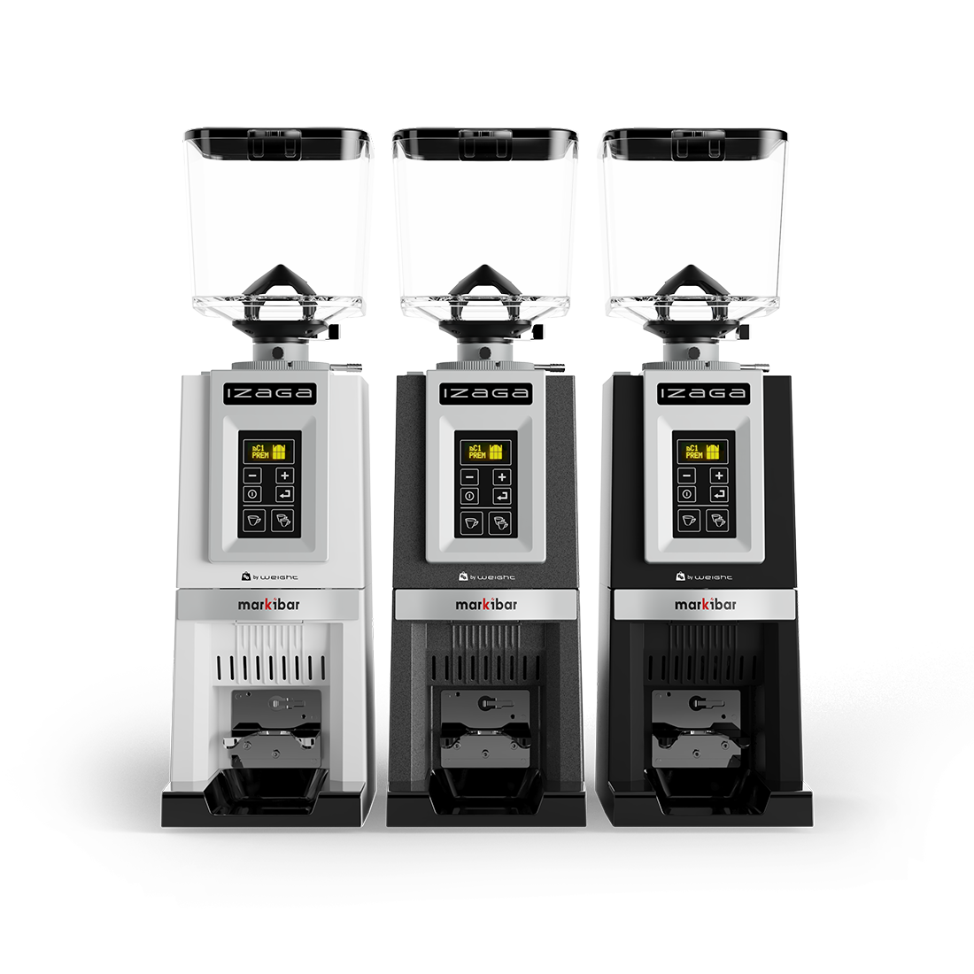 Three Markibar espresso grinders shown from the back in white, black, and dark gray with clear bean hoppers.