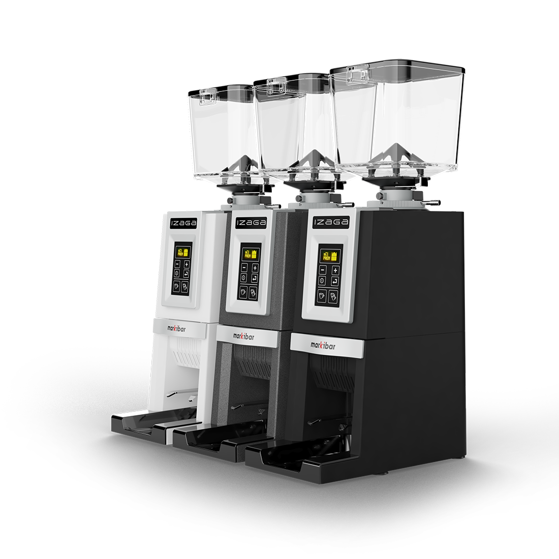 Three Markibar Izaga espresso grinders shown side by side in white, gray, and black with clear hoppers and digital control panels.