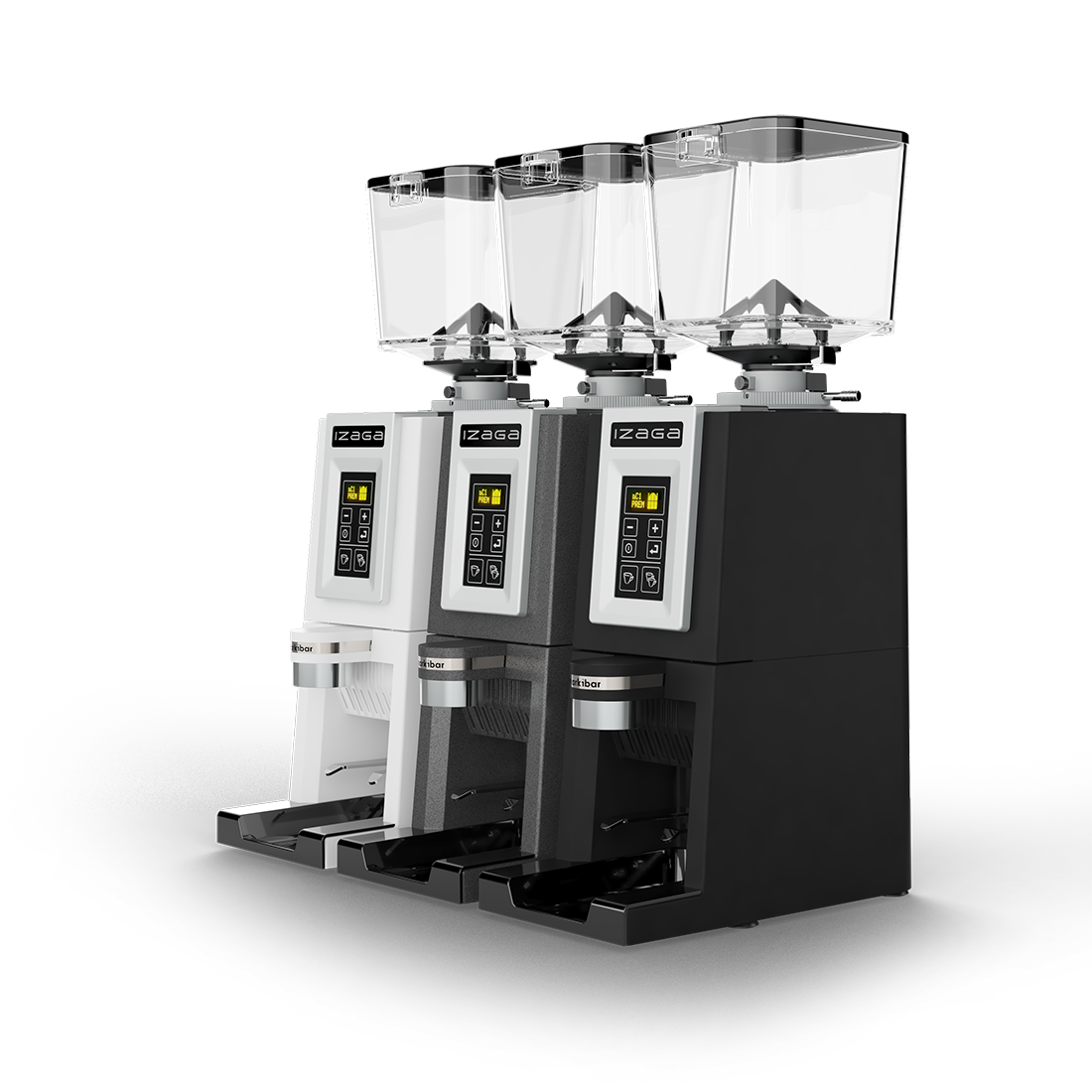 Three Markibar Izaga espresso grinders shown side by side in white, gray, and black with clear hoppers and digital control panels.