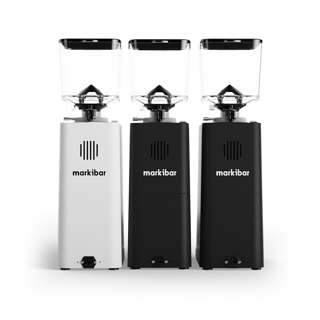 Three Markibar espresso grinders shown from the back in white, black, and dark gray with clear bean hoppers.