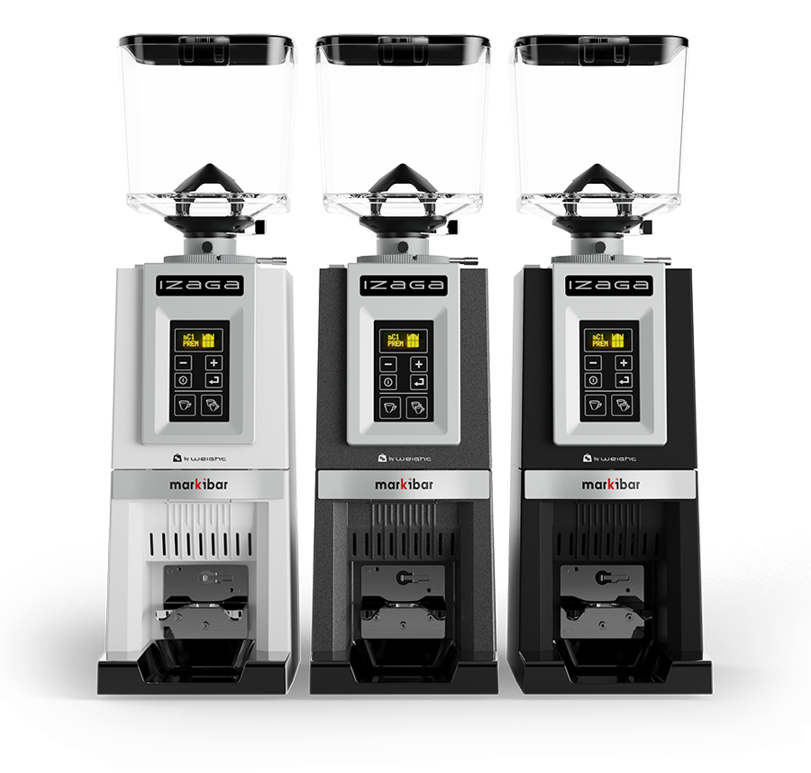 Three Markibar Izaga espresso grinders shown side by side in white, gray, and black with clear hoppers and digital control panels.