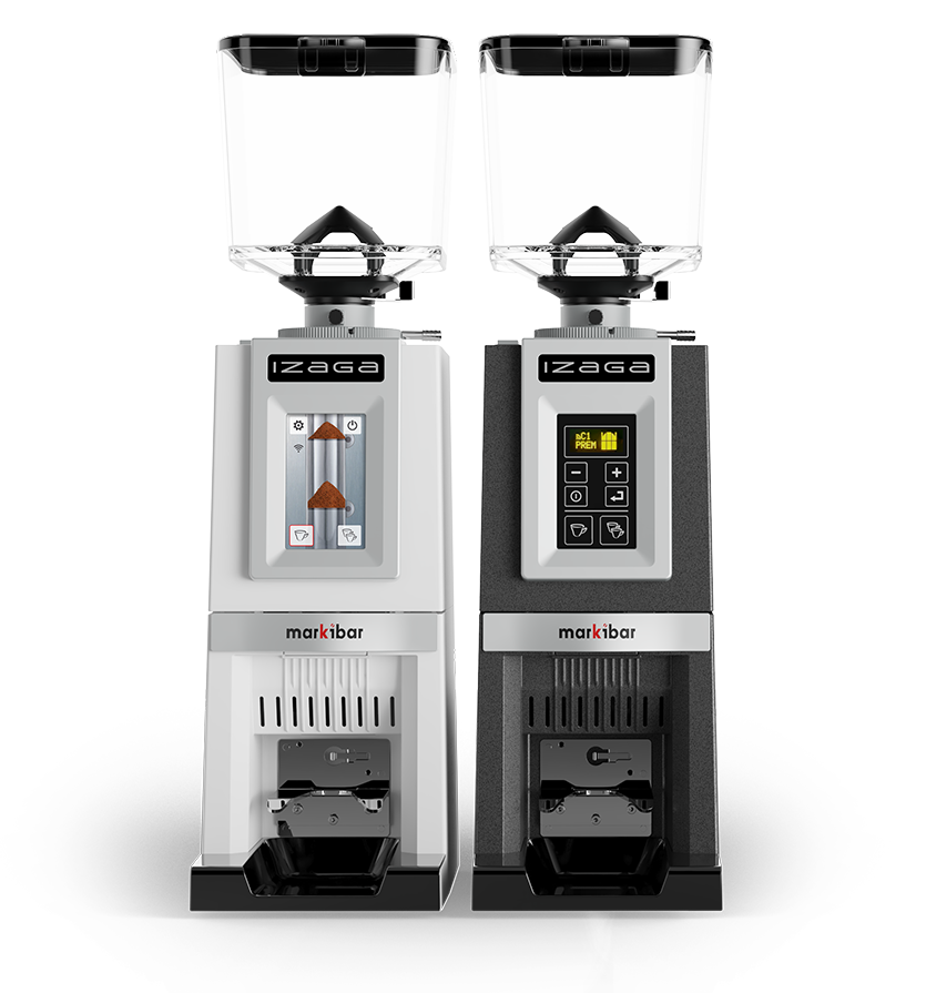 Two Markibar Izaga espresso grinders shown side by side in white and black with clear hoppers and digital control panels.